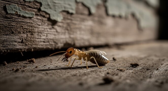 Close-up Macro Shot of a Winged Reproductive Termite (Alate) on a Rough Wooden Surface with Peeling Paint, Showing Pest Infestation