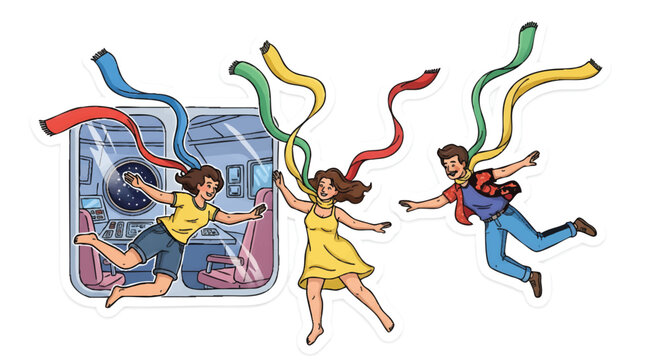 People jumping out of airplane door with colorful ribbons