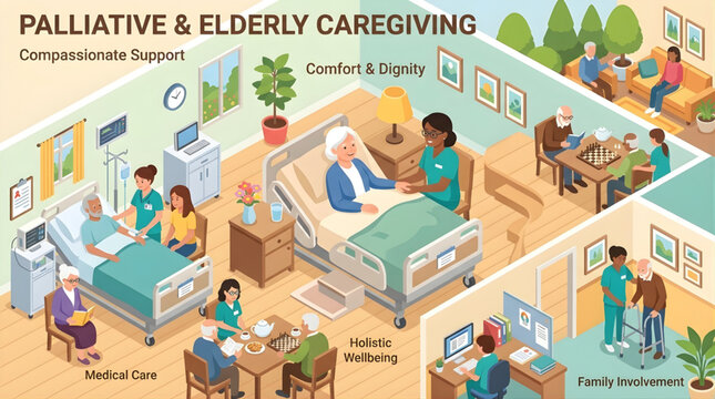 Holistic elderly caregiving services featuring palliative medical care and family involvement