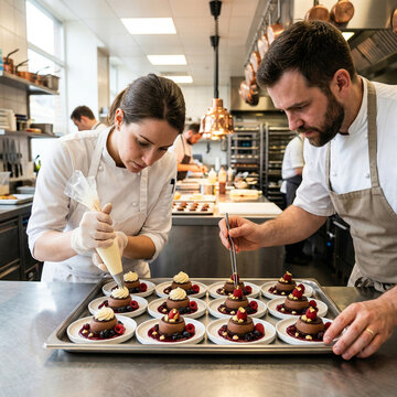 Close-up of professional chefs' hands skillfully decorating gourmet desserts on a tray in a bright commercial kitchen, team of pastry chefs working together on fine dining confectionery