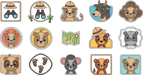 Cute safari animal icons set cartoon badges with explorer elements map hat binoculars jungle adventure vector illustration collection © Jesika!