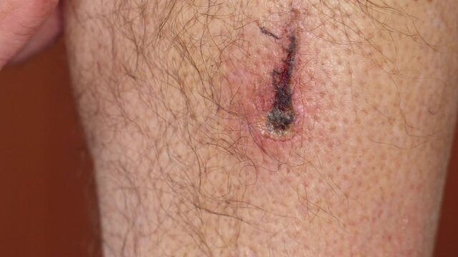 A detailed 4K slow-motion shot of a 66-year-old man's lower leg showing a concerning skin lesion. The footage features a dark, irregular-shaped mark that resembles a melanoma, atypical mole, or skin c