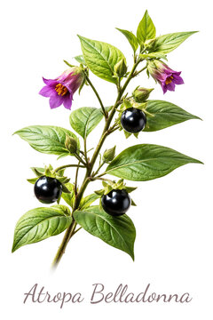 Atropa belladonna deadly nightshade plant with flowers and berries isolated on white background