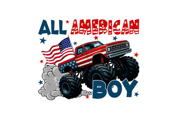 All American Boy Monster Truck Patriotic Sublimation Design © Lemon
