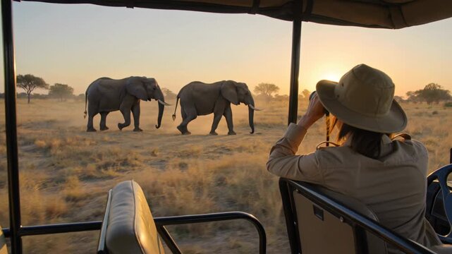 Woman tourist using binoculars to watch elephants from an open top safari jeep in the African savannah.