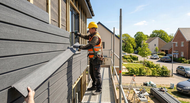 Professional contractor installing modern grey composite siding panels on a residential house exterior.