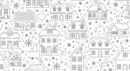 Fototapeta premium Monochrome seamless pattern of a winter town with snow covered houses, snowflakes, and bare trees in black line art.