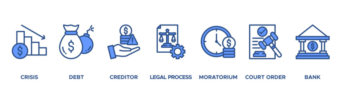 Bankruptcy banner web icon vector illustration concept with icon of crisis, debt, creditor, legal process, moratorium, court order, and bank