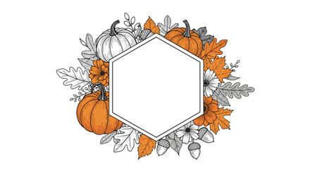 Fototapeta premium Autumn pumpkin frame with a hexagonal center is surrounded by seasonal leaves and acorns in orange and grey tones.