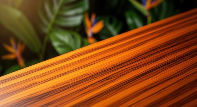Rich Cocobolo Wood Grain Texture with Oily Sheen and Lush Greenery Background