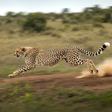 Magnificent cheetah sprinting powerfully through the arid African landscape creating a cloud of dust