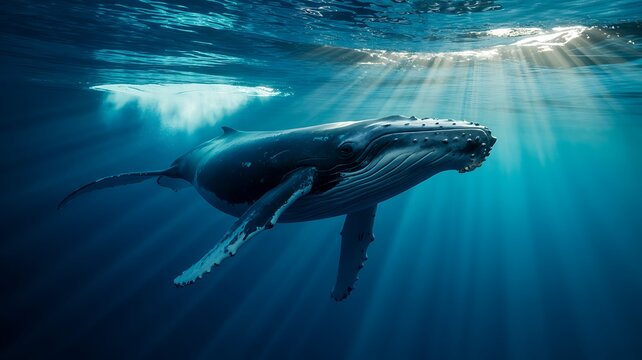 Magnificent humpback whale swims freely in the deep blue sea bathed in glorious natural light