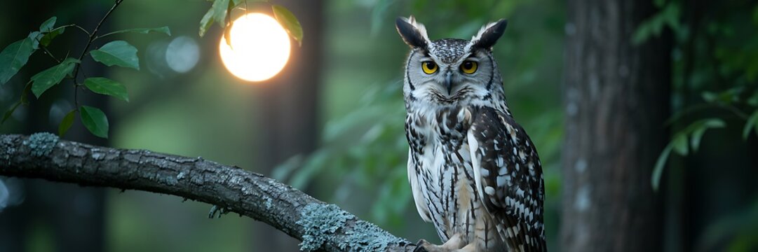 Magnificent spotted owl with bright yellow eyes sitting on a branch bathed in warm sunlight