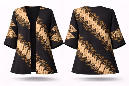 Luxury Women Batik Cardigan Outer with Modern Parang Rusak Pattern - Sophisticated Black and Gold