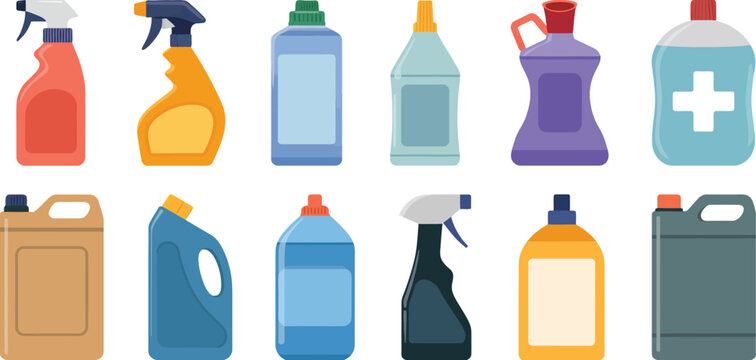 Household Cleaning Bottles vector set featuring detergent containers, spray bottles, soap dispensers, liquid sanitizer packaging illustrations, hygiene products, home cleaning supplies