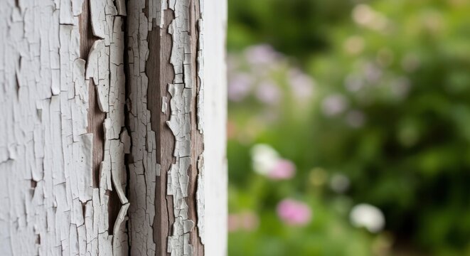 Cracked and Peeling Paint on Aged Wooden Window Frame with Soft Garden Bokeh Background