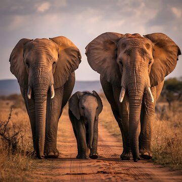 Majestic African Elephant Family Walking Together on a Dusty Savanna Road at Sunset