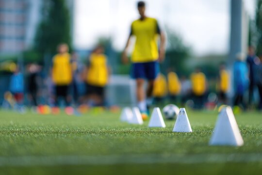 Soccer Training Session with Cones and Players on a Green Field.