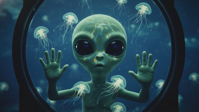Alien looking through circular spaceship window. Extraterrestrial creature observing glowing jellyfish in deep space. Science fiction concept of interstellar travel and cosmic discovery.