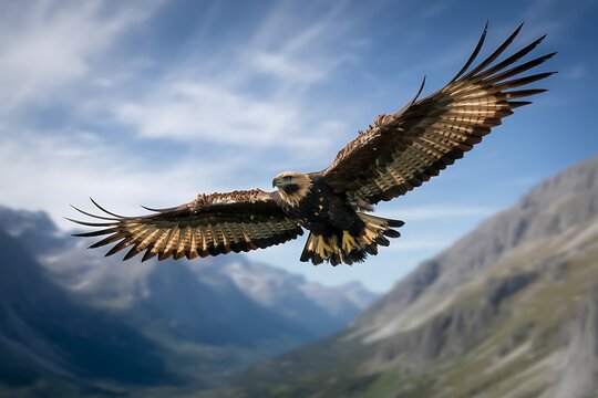 Majestic golden eagle soaring gracefully across a vast mountain range under a clear blue sky