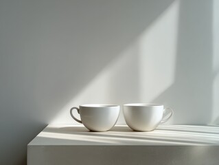 Fototapeta premium Two white ceramic coffee cups positioned closely on a minimalist white table, soft shadows cast by natural light creating a serene and inviting atmosphere