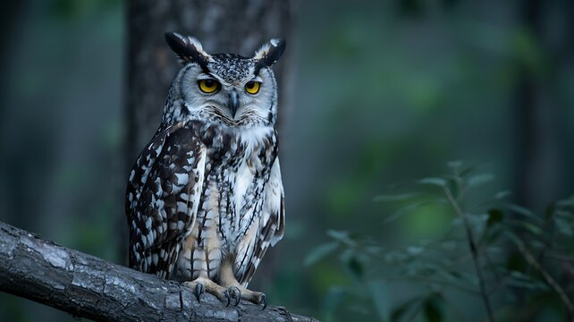 Majestic horned owl with striking yellow eyes perched peacefully on a tree branch in a tranquil forest