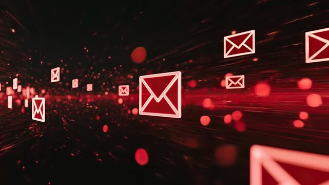 Abstract phishing cyberattack background with glowing red email icons and digital fraud network.