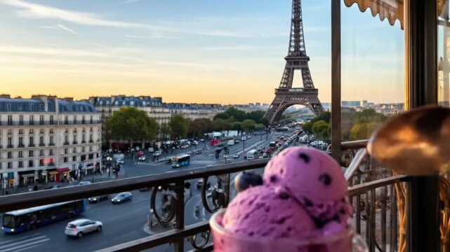 Delicious purple blueberry ice cream in a glass bowl on a Parisian balcony with the Eiffel Tower and city sunset in the background. High-quality cinematic travel and lifestyle photography style.