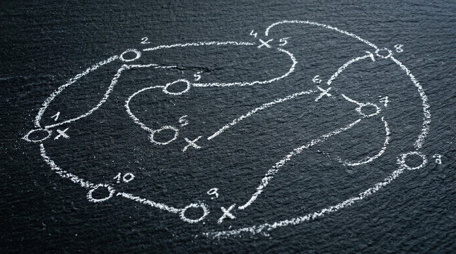 Strategic thought process showing complex route line strategy plan in chalk on dark chalkboard network diagram with connection node and path representing thoughtful business direction