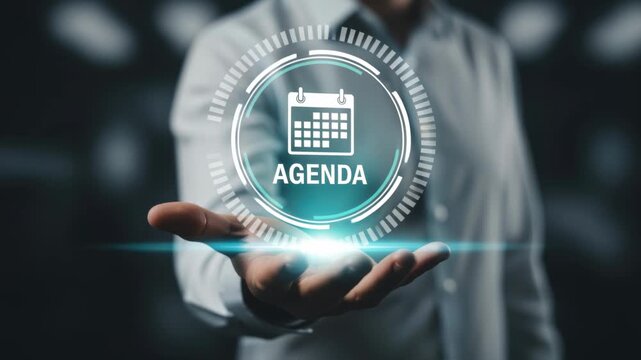 Businessman presenting virtual agenda calendar interface for scheduling and time management concept.