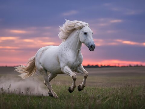 Majestic White Horse Gallops Freely Across Open Field During Colorful Sunset Hour