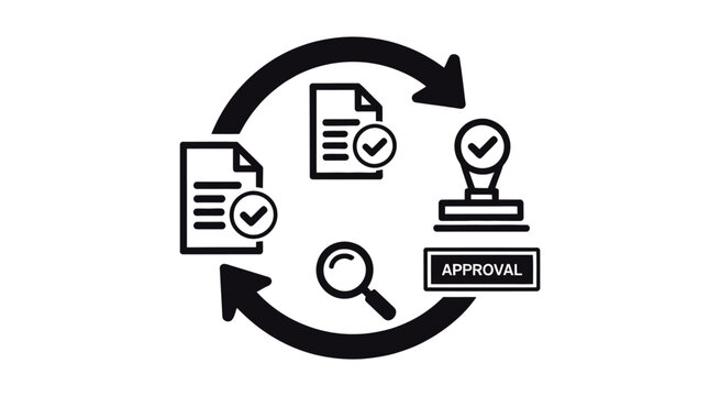Business approval process and checklist icon set illustrating workflow steps, task validation and verification for management and corporate operations.