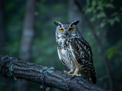 Majestic wild owl with piercing yellow eyes perched on a mossy forest tree branch