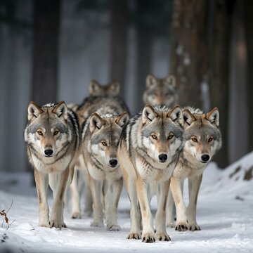 Majestic wolf pack stands gazing forward in a serene snow covered winter forest