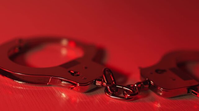 Steel handcuffs. Police lights. Slow motion video. High quality 4k footage