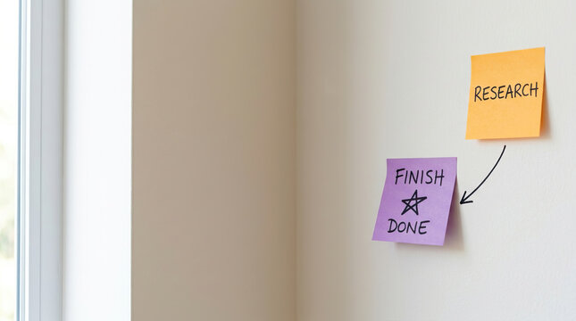 Colorful adhesive note on beige wall showing an organized route for task from research to finish. satisfying process and strategy for workflow completion acting as helpful visual reminder