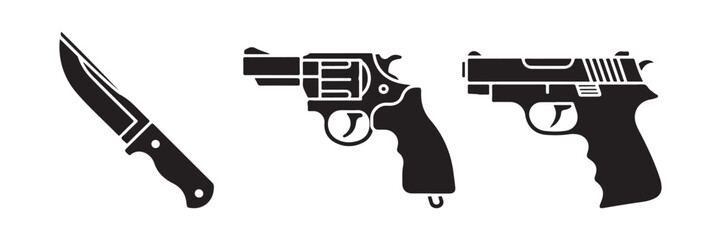 Fototapeta premium Set of isolated black weapon silhouettes including knife revolver and pistol vector graphic collection.