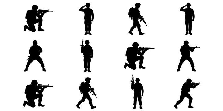 Military soldier silhouettes set, 12 tactical army infantry vector elements. Special forces commandos in combat poses, armed troops with rifles and gear.