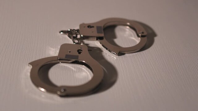 Steel handcuffs. Slow motion video. High quality 4k footage