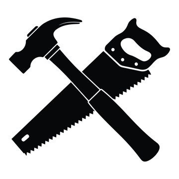 Black silhouette of hammer and handsaw crossed over each other for construction and DIY projects  tools