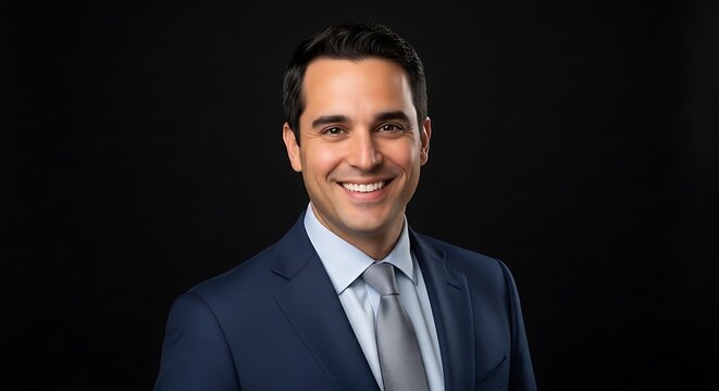 A smiling man in a suit, headshot, against a black background