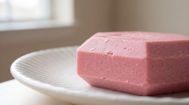 Solid waterless beauty serum bar resting on ribbed ceramic plate