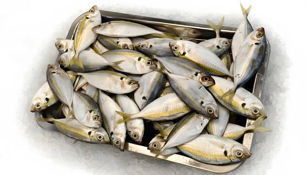 a batch of fresh yellowstripe scad or selaroides leptolepis, in indonesian called "ikan kembung" isolated on white background