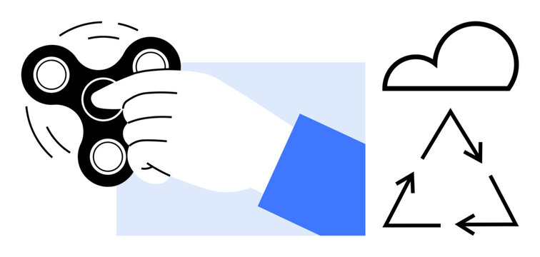 Stress relief, eco-consciousness, environment, mindfulness, waste reduction, recycling. A hand spins a fidget spinner with cloud and recycling icon. Stress relief and eco-consciousness concept