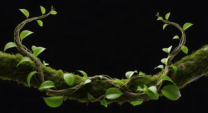 A thick, mossy branch arcs, entwined by vibrant green vines and leaves against a black backdrop