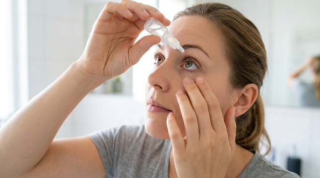 Focused caucasian woman applying eye drop liquid from small plastic bottle during medical treatment for health problem with careful expression standing in bathroom