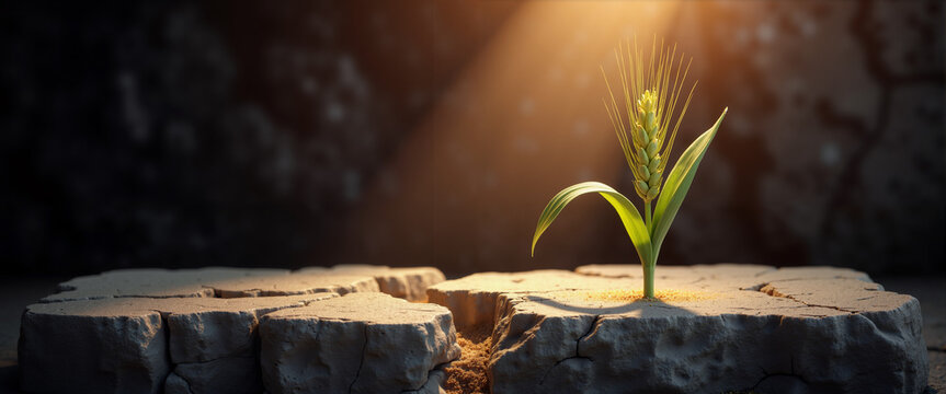 Wheat sprouting from a cracked stone illuminated by sunlight, concept of Maundy Thursday  