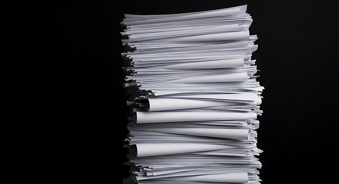 A towering stack of white papers against a stark black background, tightly packed