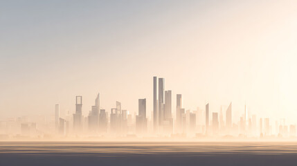 Obraz premium A serene skyline view shrouded in mist, capturing the beauty of modern architecture against a hazy background.