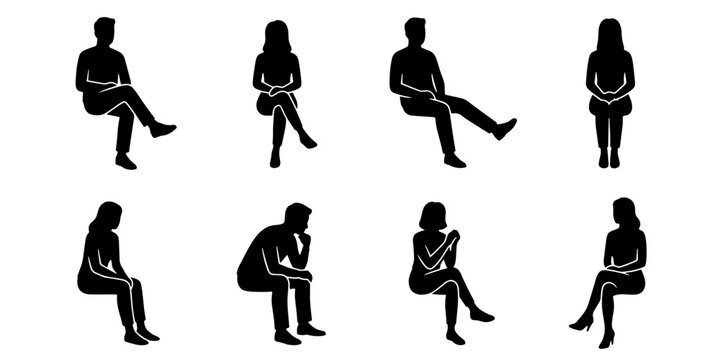 Sitting people silhouettes collection, set of 8 black vector figures in seated poses, casual men and women characters for architectural visualization